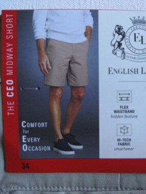 English Laundry Men CEO Midweight Shorts Stretch Cotton flex waist Tan 34 (1618T